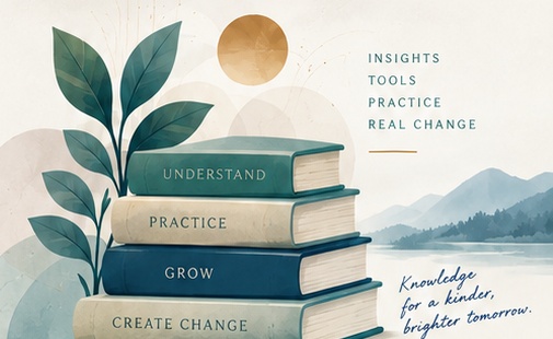 Editorial illustration of a stack of books, leaves and a landscape