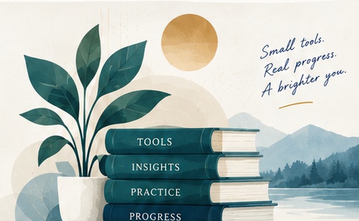 Editorial illustration of books, leaves and a calm landscape